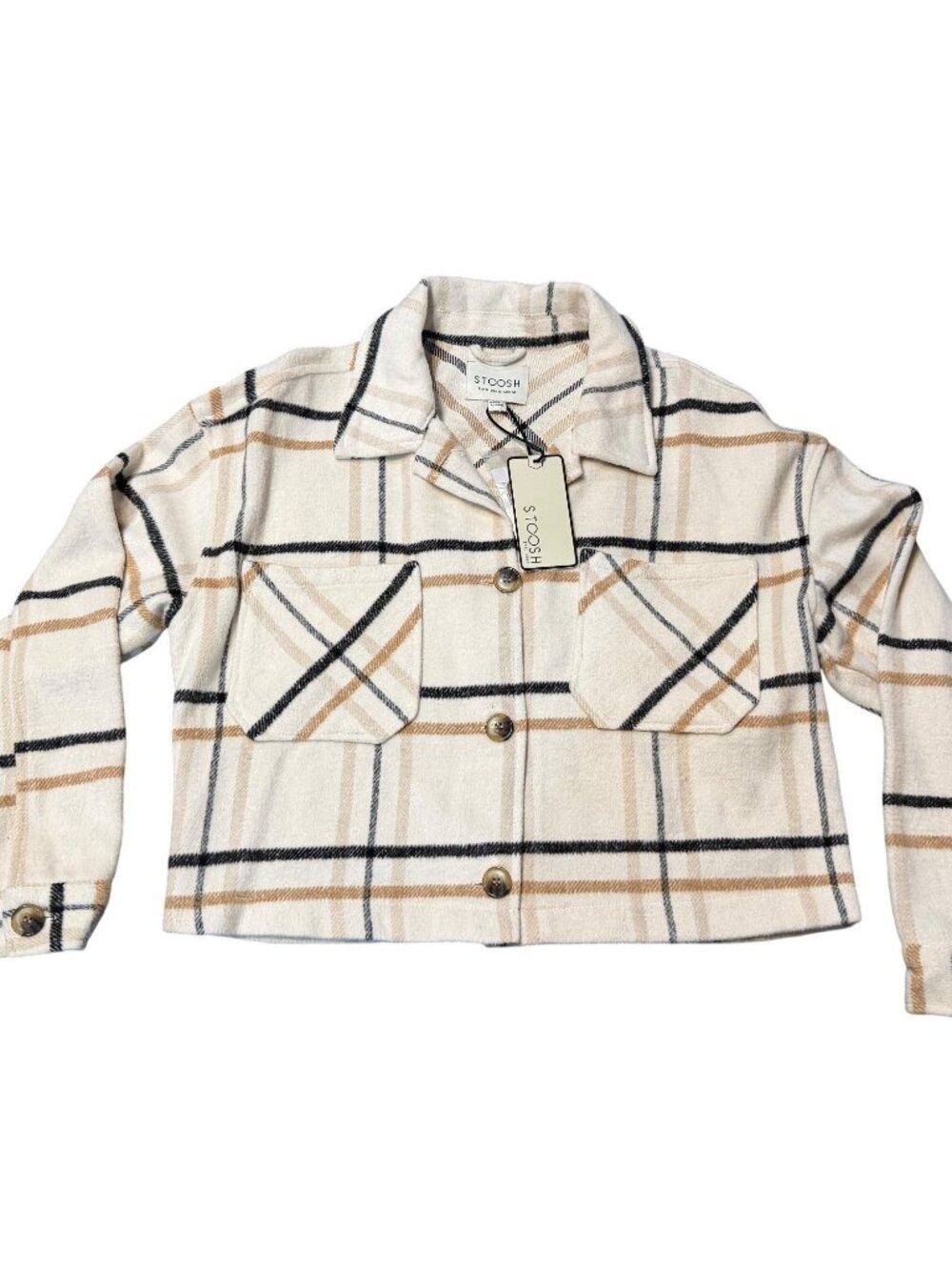 NWT Stoosh Women Medium Boxy Cropped Plaid Shacket Beige Wool Blend 20"x20" Cozy